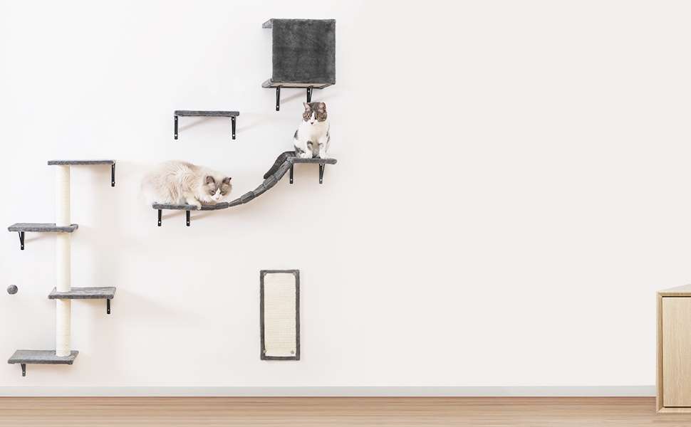 Gimnasio de pared para gatos de cinco piezas con puente colgante rascador y estantes de felpa.