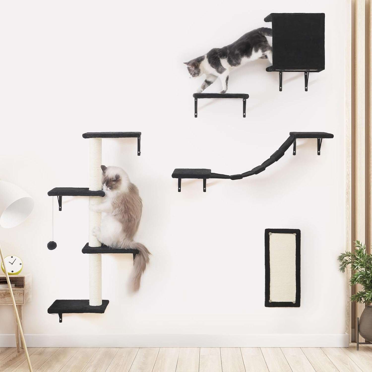 Set de gimnasio de pared para gatos de 5 piezas con puente rascador y escalones de felpa suave.