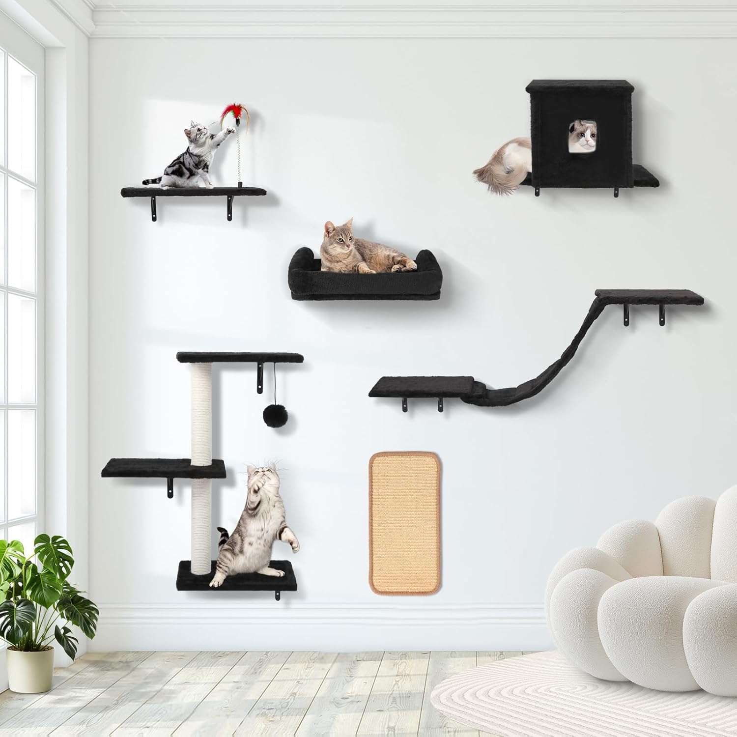 Set de gimnasio de pared para gatos de seis piezas con puente colgante casa y rascador de madera solida.