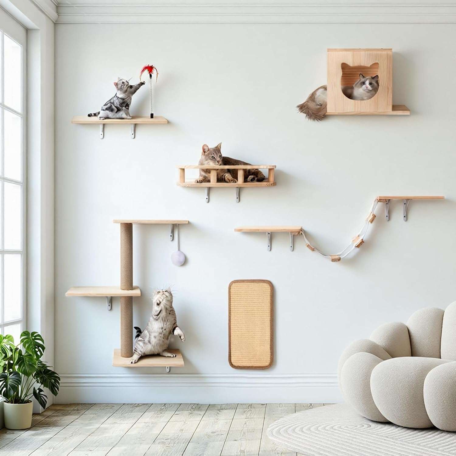 Set de gimnasio de pared para gatos de 6 piezas de madera solida. Incluye puente casa rascador y escalones.