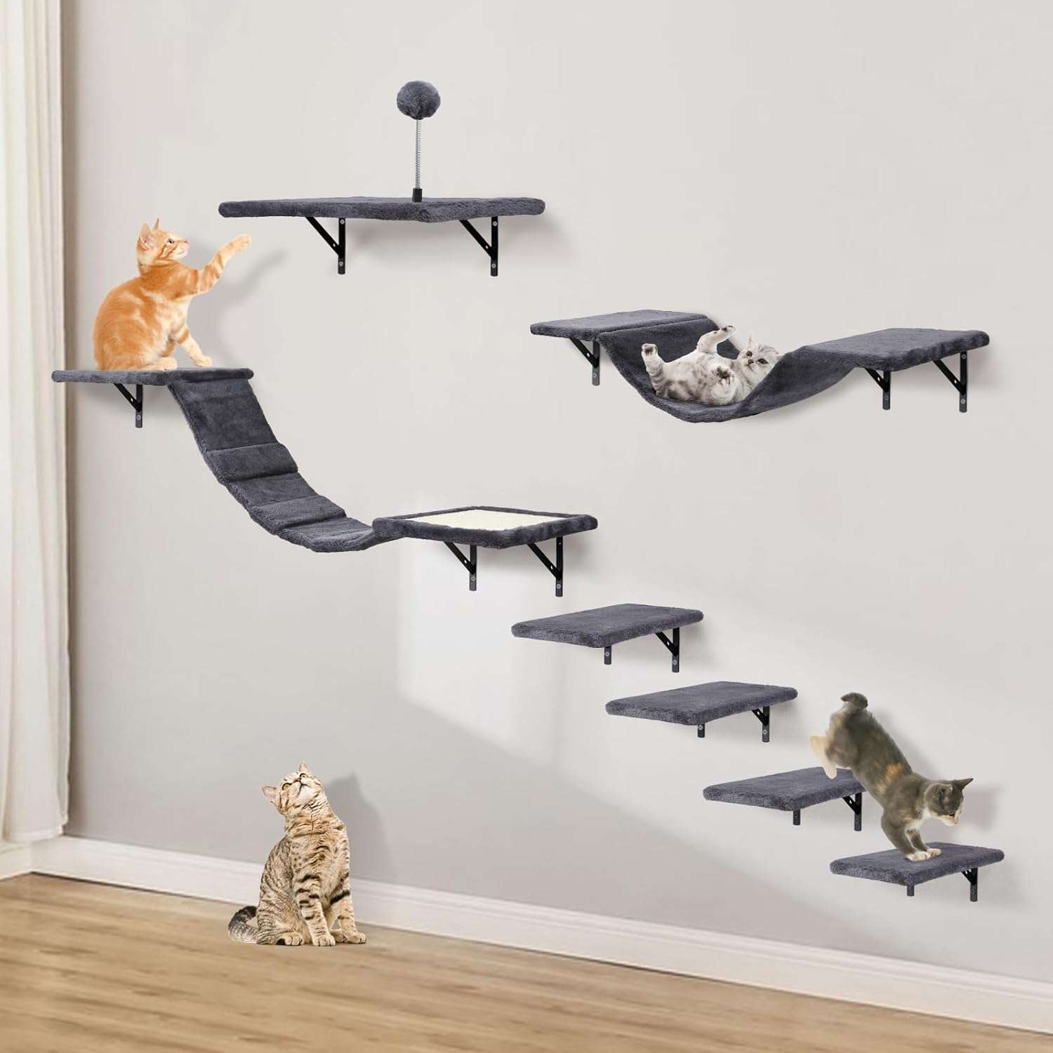 Set de gimnasio de pared para gatos de 7 piezas de madera con escalera rascador y repisas