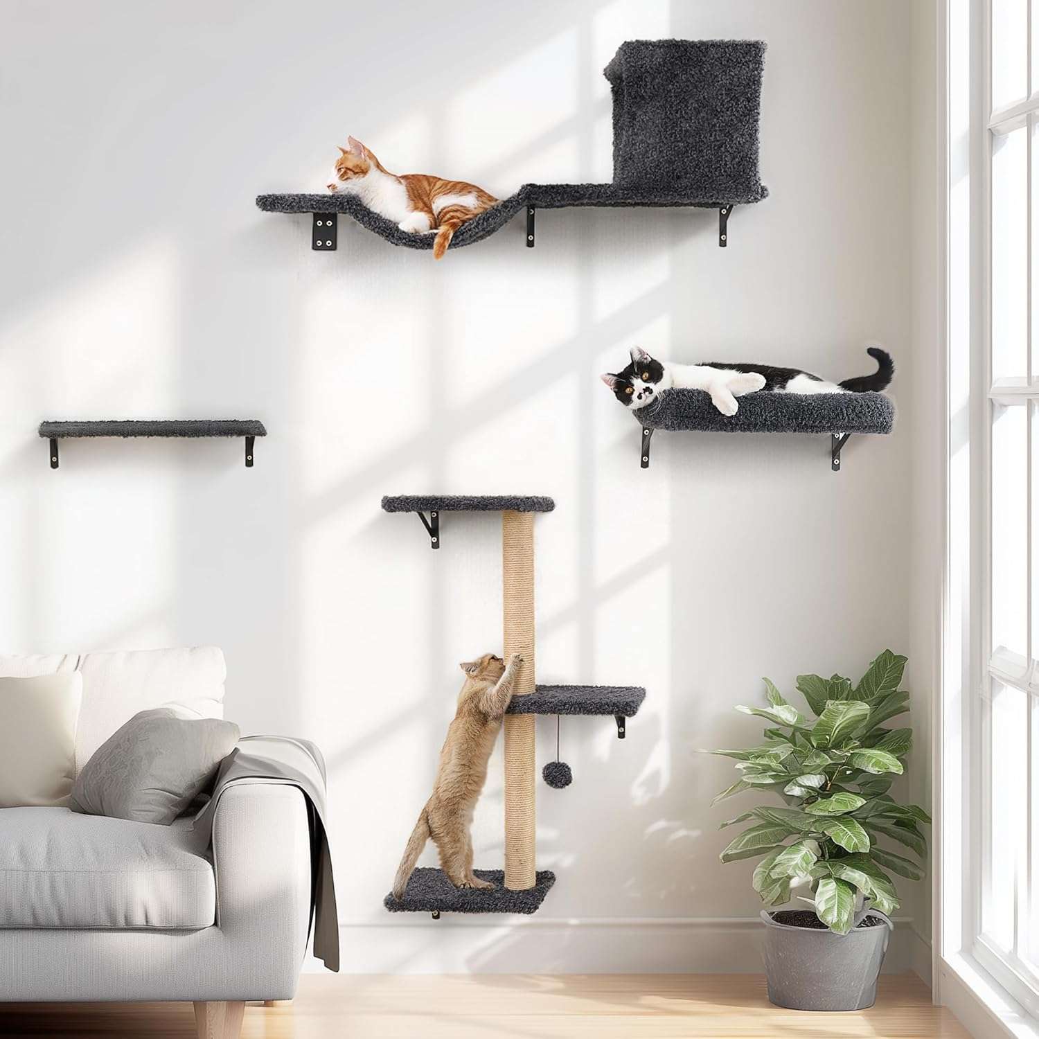 Gimnasio de pared para gatos set completo de madera solida con puente cama y rascador estilo selva.