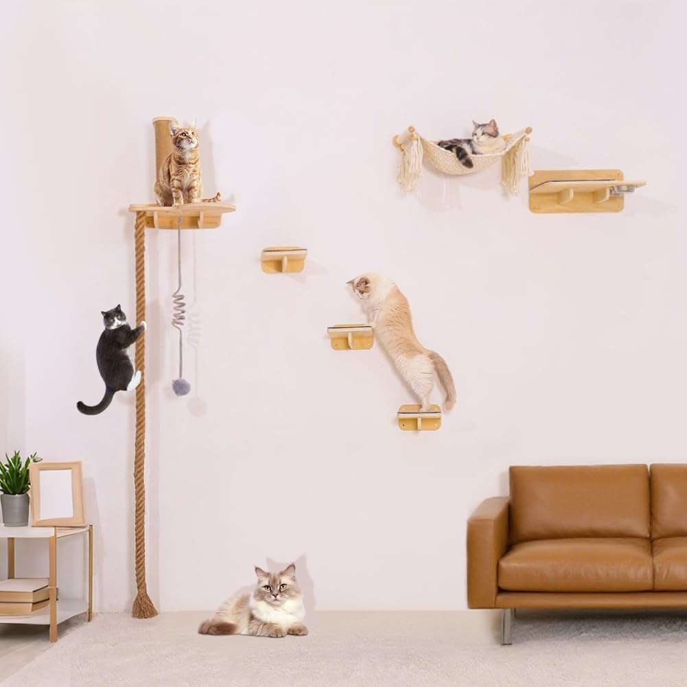 Gimnasio de pared de madera para gatos con cama trenzada rascador y comedero.