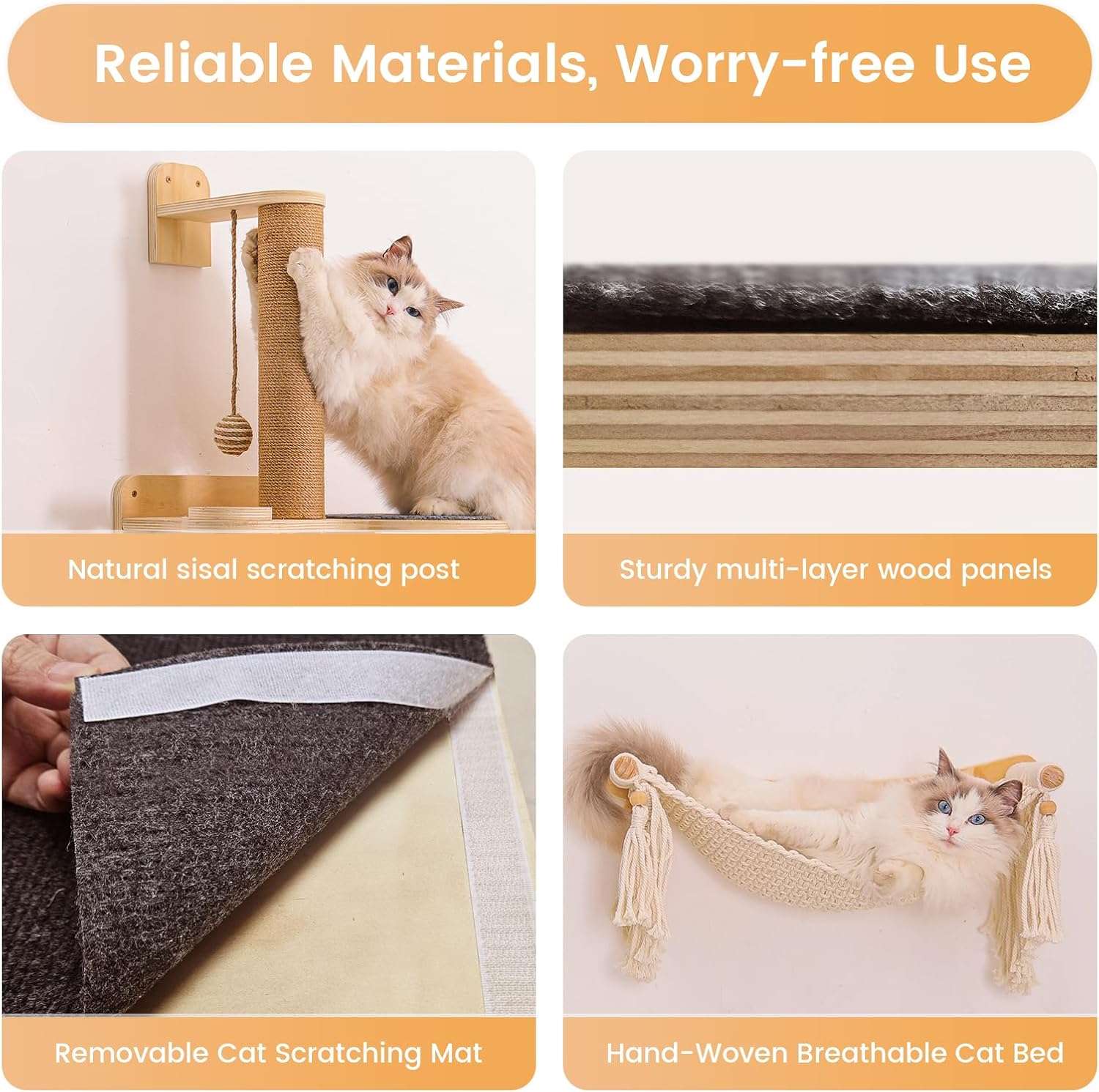 Gimnasio de pared de madera para gatos con cama trenzada rascador y comedero.