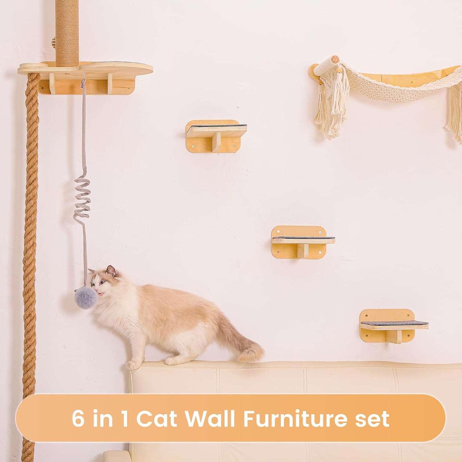 Gimnasio de pared de madera para gatos con cama trenzada rascador y comedero.