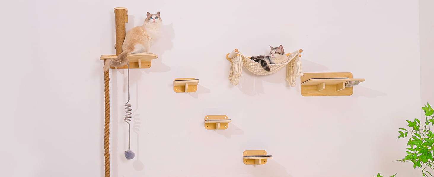 Gimnasio de pared de madera para gatos con cama trenzada rascador y comedero.