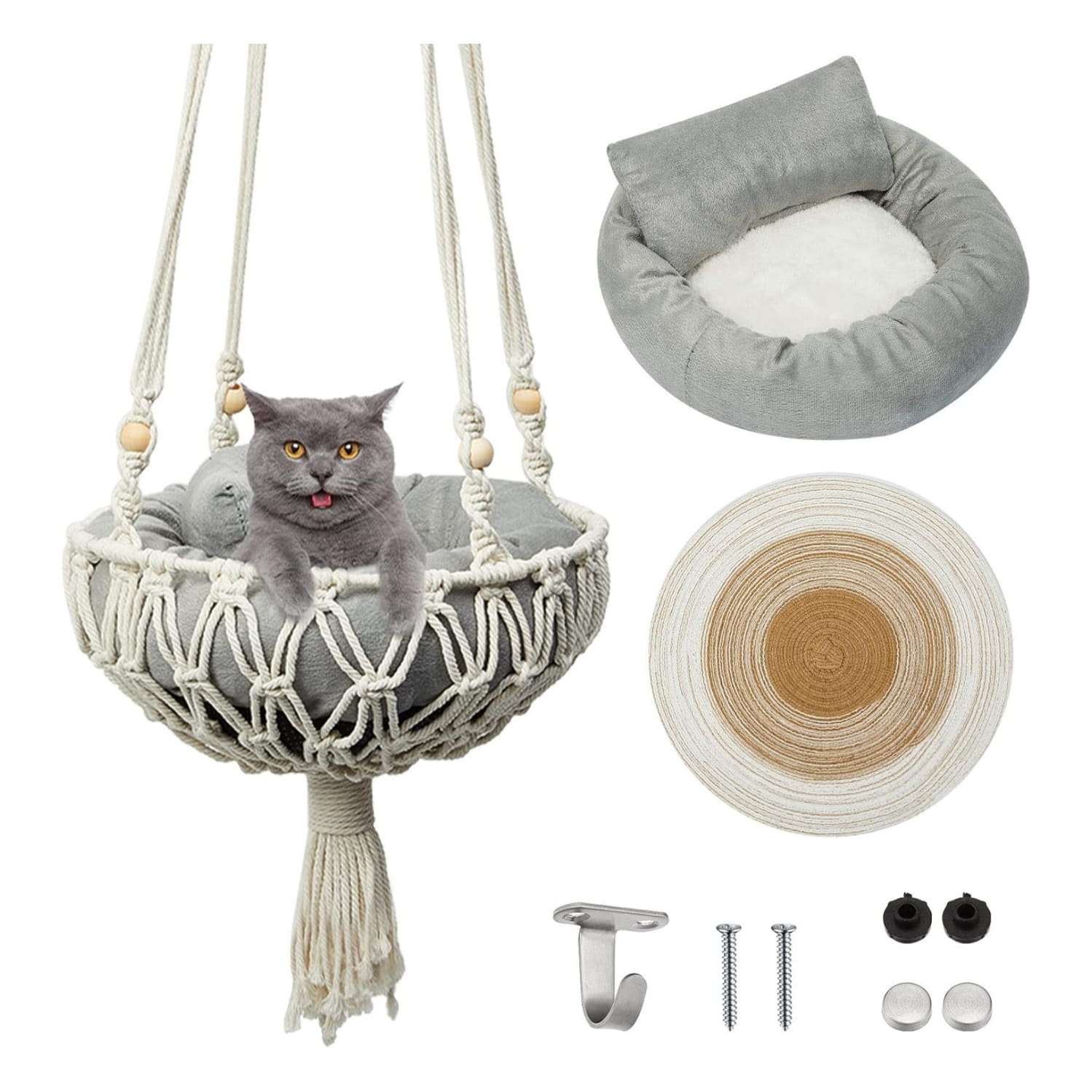 Hamaca colgante de macrame para gatos pequeños de 100 cm. Estilo boho con cama rascador y cojin lavable.