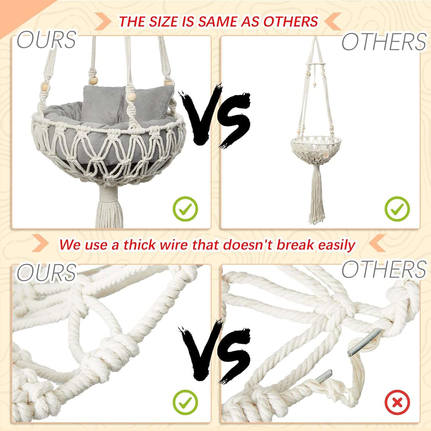 Hamaca colgante de macrame para gatos pequeños de 100 cm. Estilo boho con cama rascador y cojin lavable.