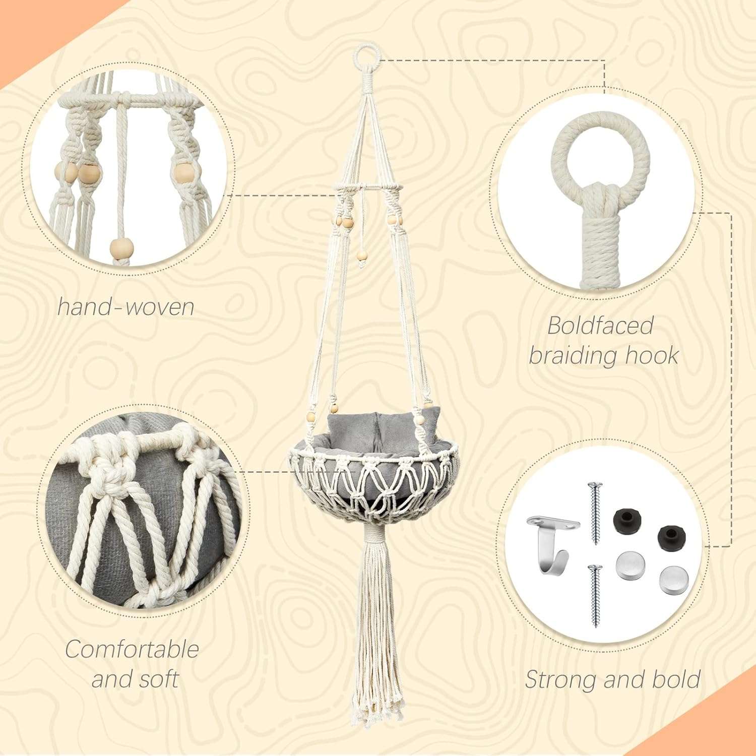 Hamaca colgante de macrame para gatos pequeños de 100 cm. Estilo boho con cama rascador y cojin lavable.