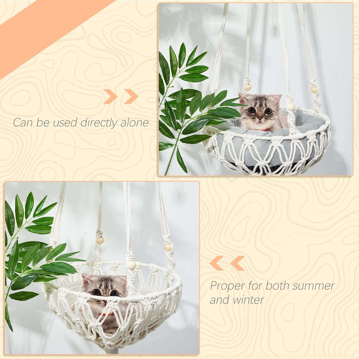 Hamaca colgante de macrame para gatos pequeños de 100 cm. Estilo boho con cama rascador y cojin lavable.