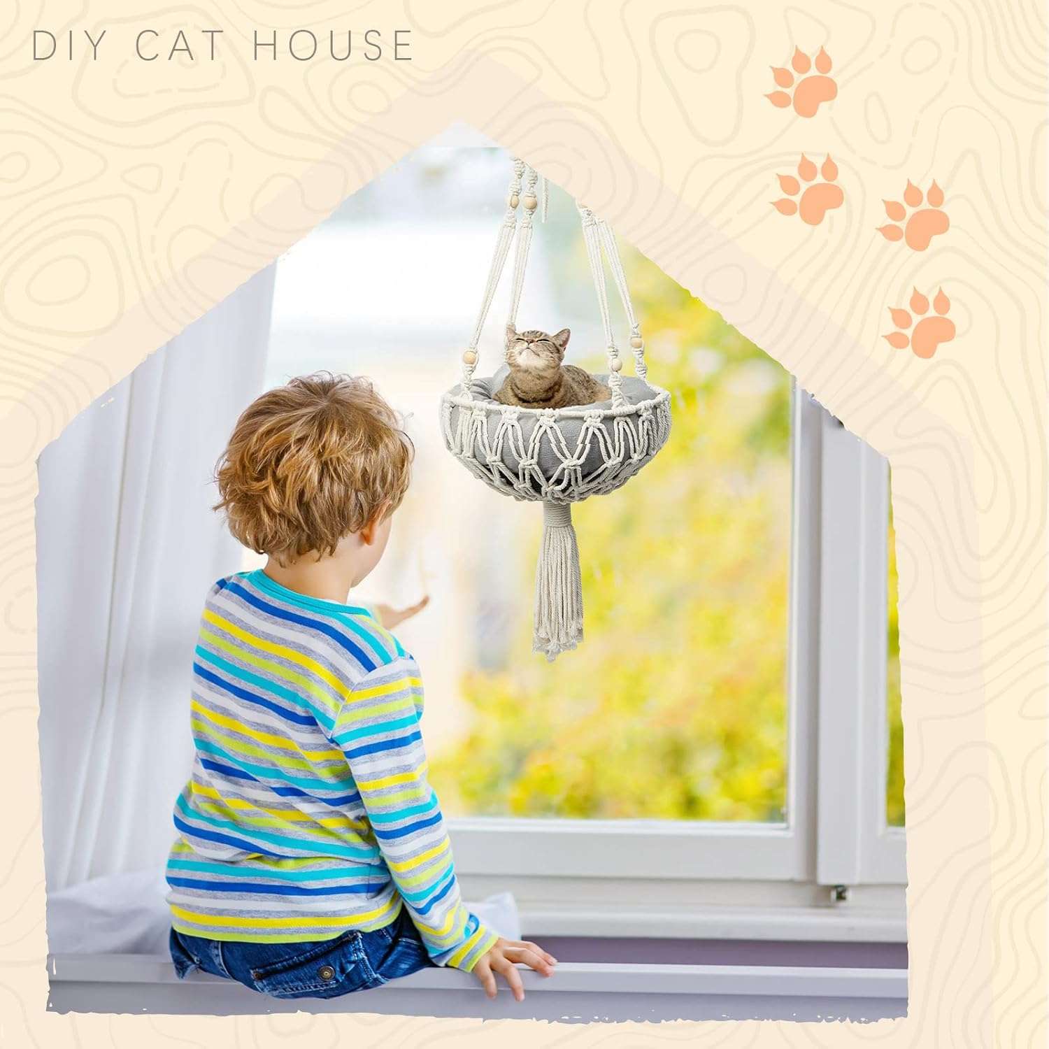 Hamaca colgante de macrame para gatos pequeños de 100 cm. Estilo boho con cama rascador y cojin lavable.