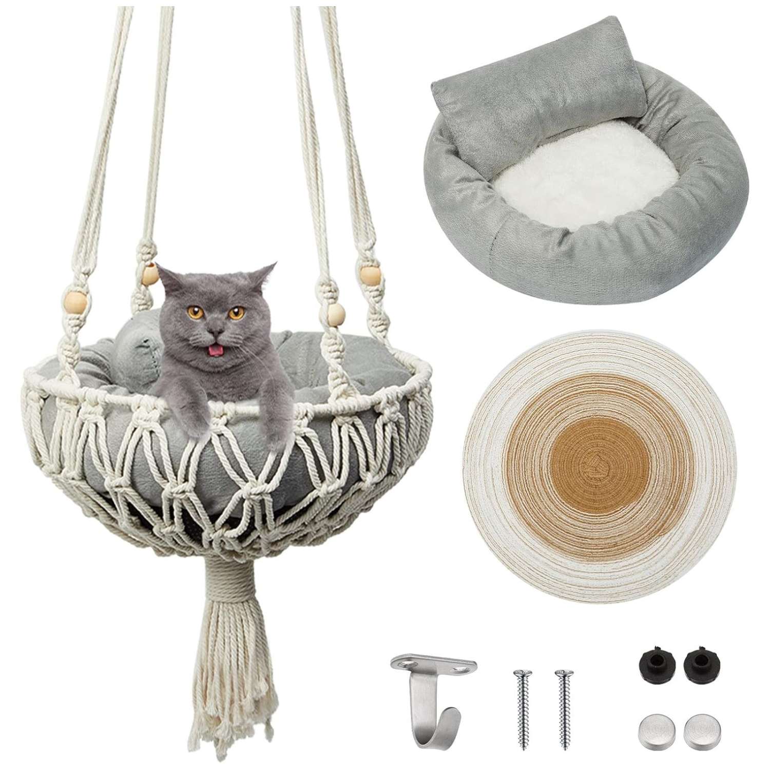 Hamaca colgante de macrame para gatos pequeños de 100 cm. Estilo boho con cama rascador y cojin lavable.