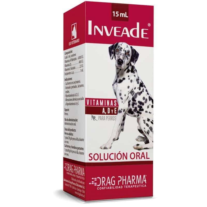 Inveade Drag Pharma. Solución oral de vitaminas A, D y E para perros. Indicado para cachorros, gestantes y seniles.