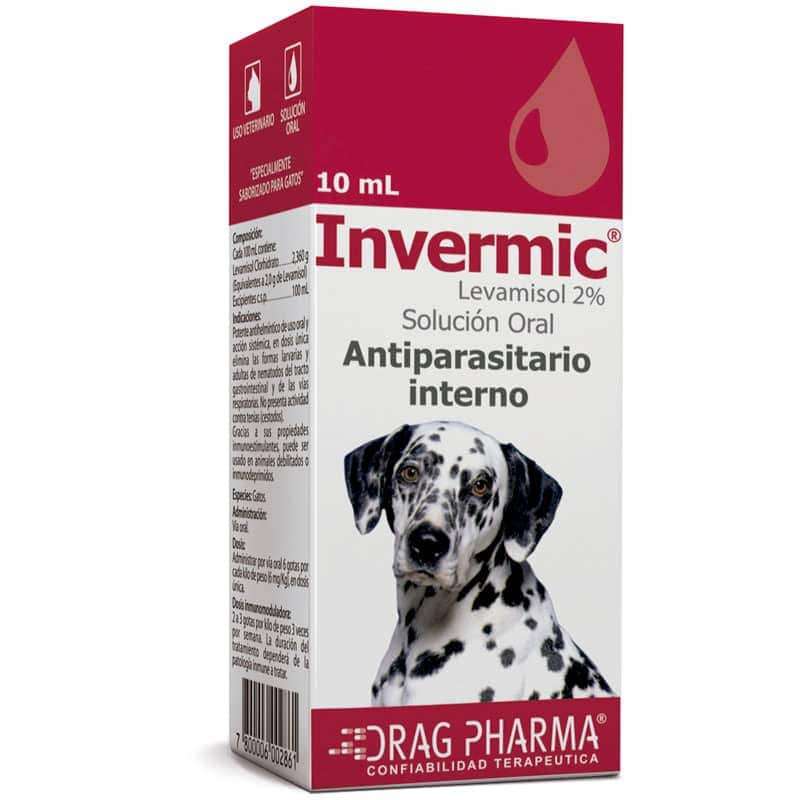 Invermic Drag Pharma. Antiparasitario interno oral con Levamisol 2%. Elimina nemátodos y actúa como inmunoestimulante para perros.
