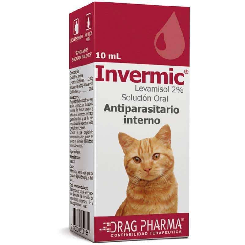 Invermic Gatos. Antiparasitario interno oral con Levamisol 2%. Elimina nemátodos gastrointestinales y respiratorios en felinos.