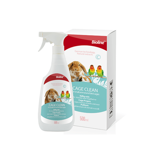 Limpiador de Jaulas Bioline Cage Clean en spray. Fórmula enzimática segura y no tóxica con aroma a limón para roedores y aves.