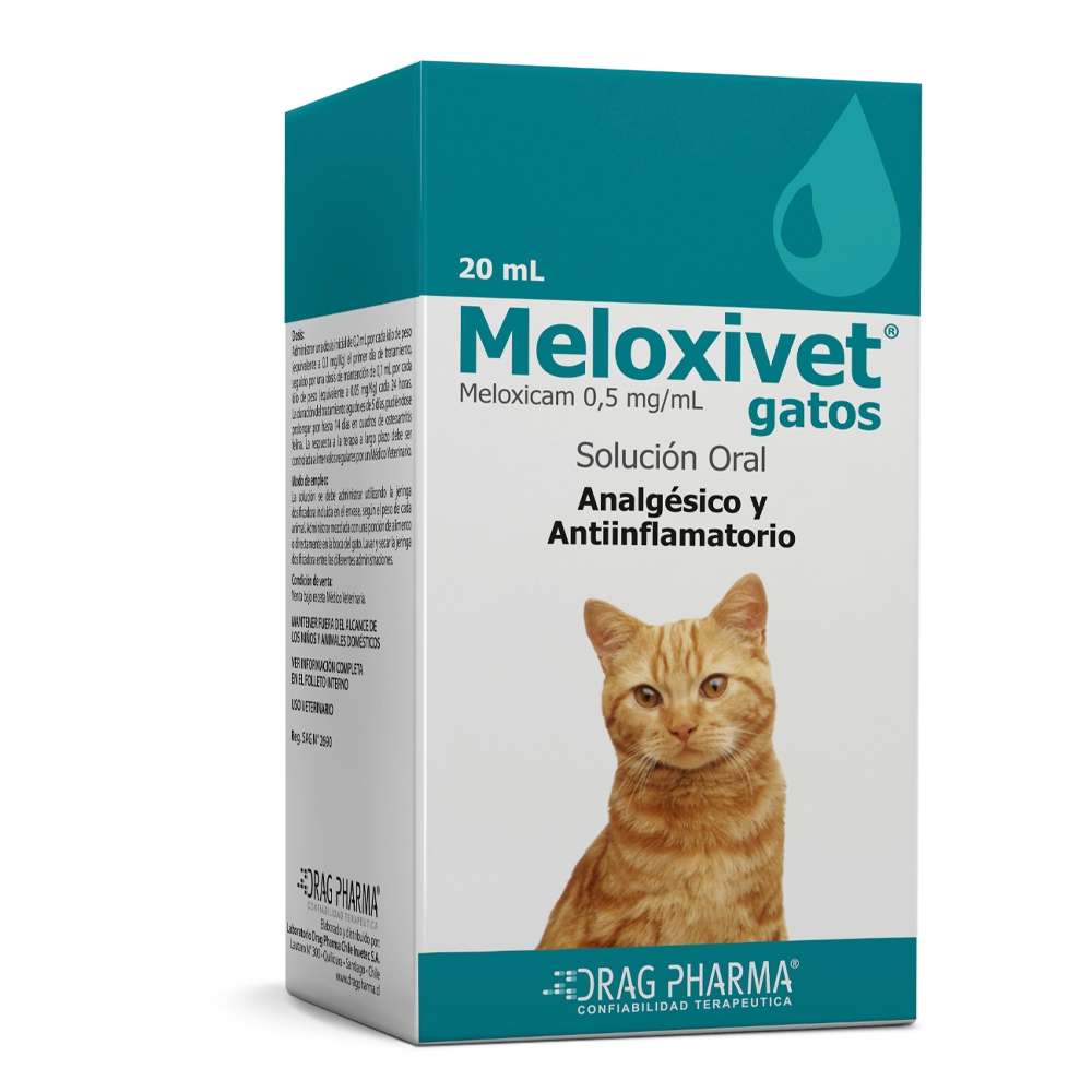 Meloxivet Gatos Drag Pharma. Solución oral con Meloxicam 0,5 mg/mL. AINE y analgésico para dolor e inflamación felina.