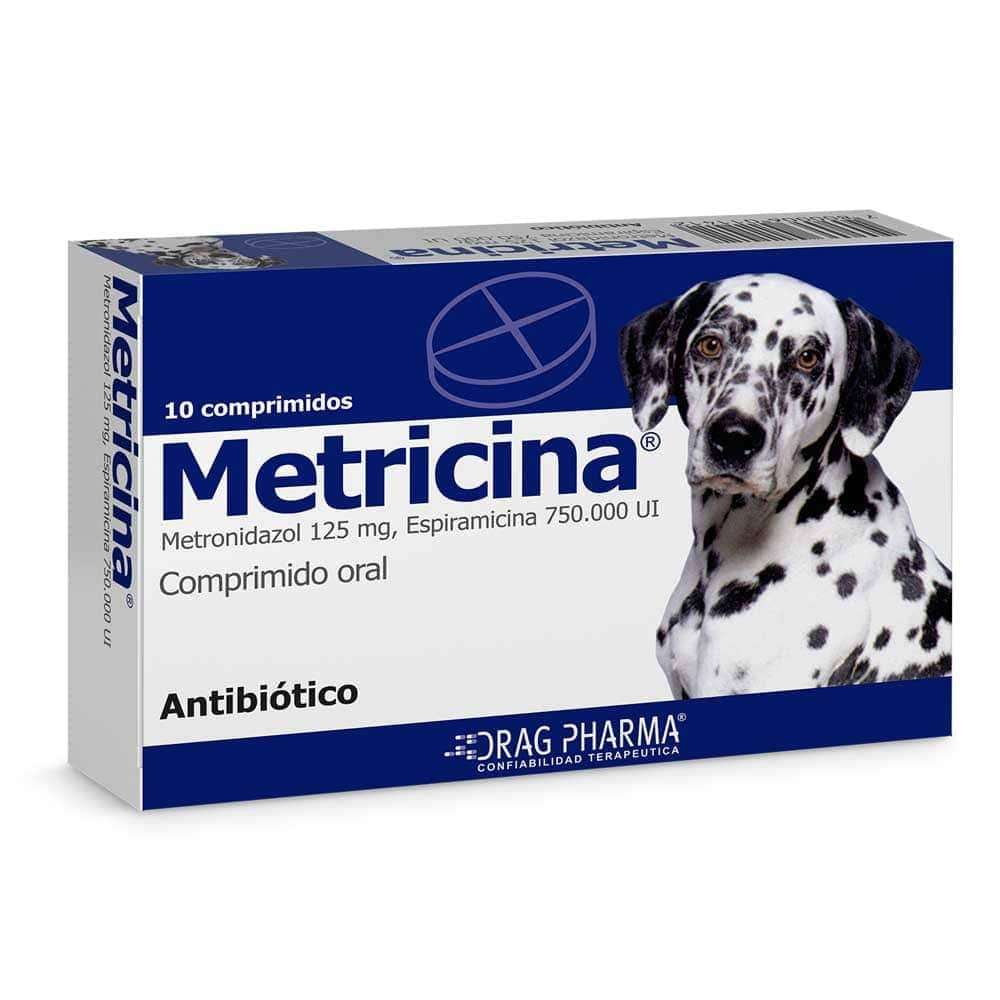 Metricina Drag Pharma. Antibiótico oral con Metronidazol y Espiramicina. Trata gingivitis, periodontitis y estomatitis en perros y gatos.