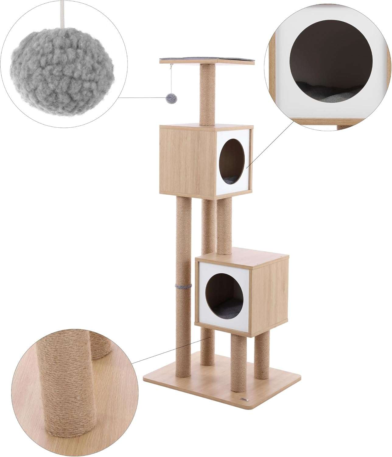 Mueble rascador de madera de 142 centimetros con yute natural y doble cubo para dos gatos.