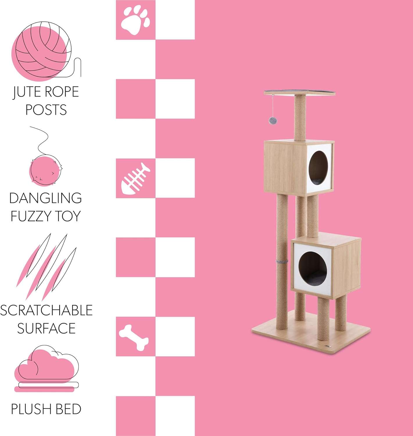 Mueble rascador de madera de 142 centimetros con yute natural y doble cubo para dos gatos.