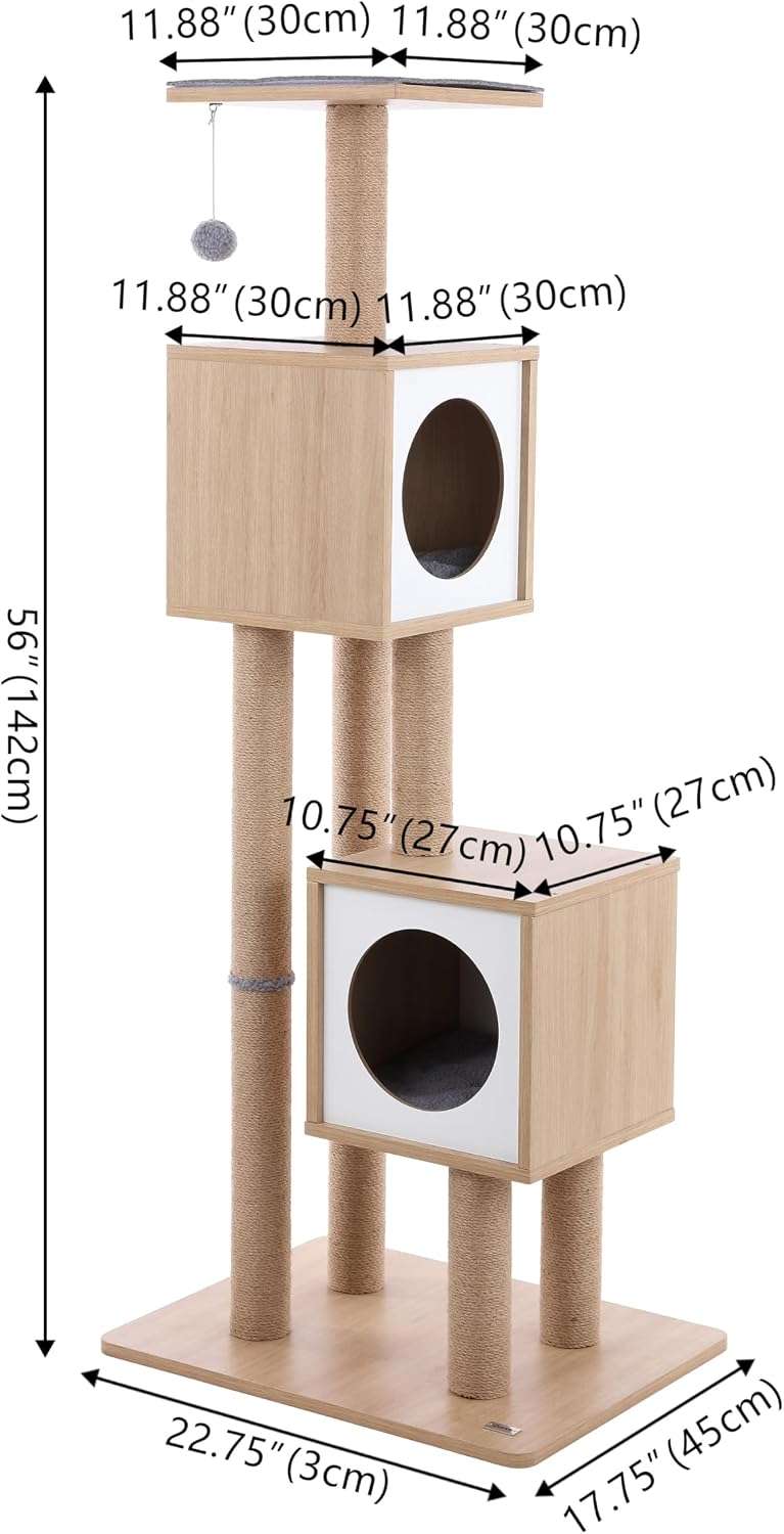 Mueble rascador de madera de 142 centimetros con yute natural y doble cubo para dos gatos.