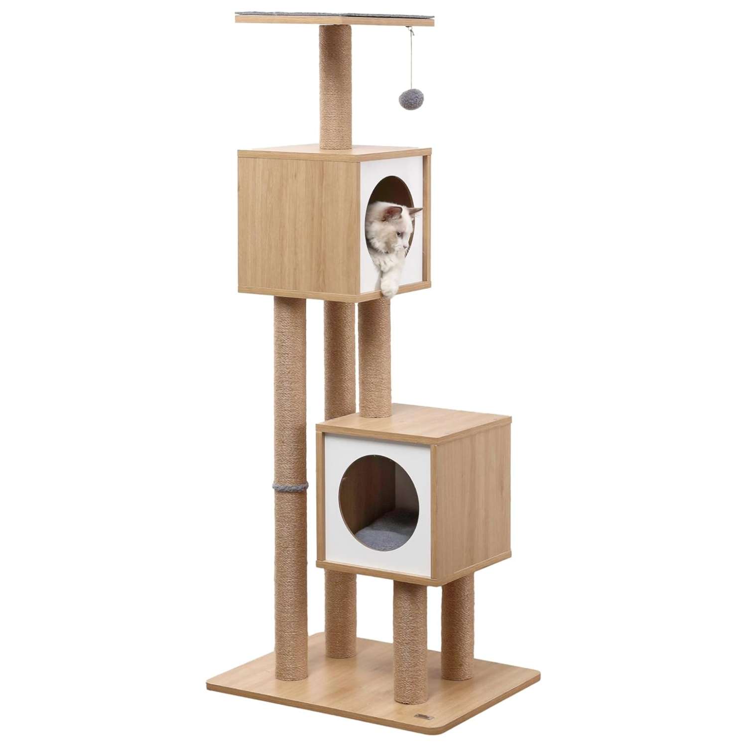 Mueble rascador de madera de 142 centimetros con yute natural y doble cubo para dos gatos.