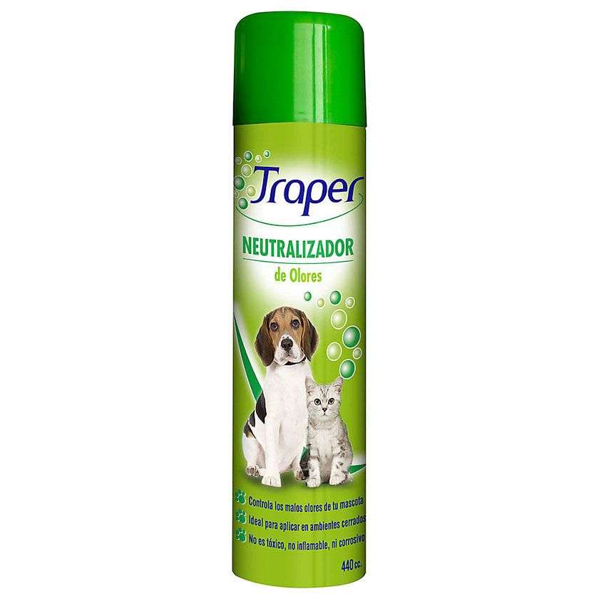 Neutralizador de Olores Traper (Aerosol 440 cc). Elimina malos olores de mascotas en tapices y alfombras, sin ser tóxico.