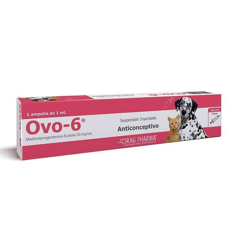 Ovo-6. Anticonceptivo inyectable de depósito con Acetato de Medroxiprogesterona (50 mg/mL) para prevenir el celo en perras y gatas.