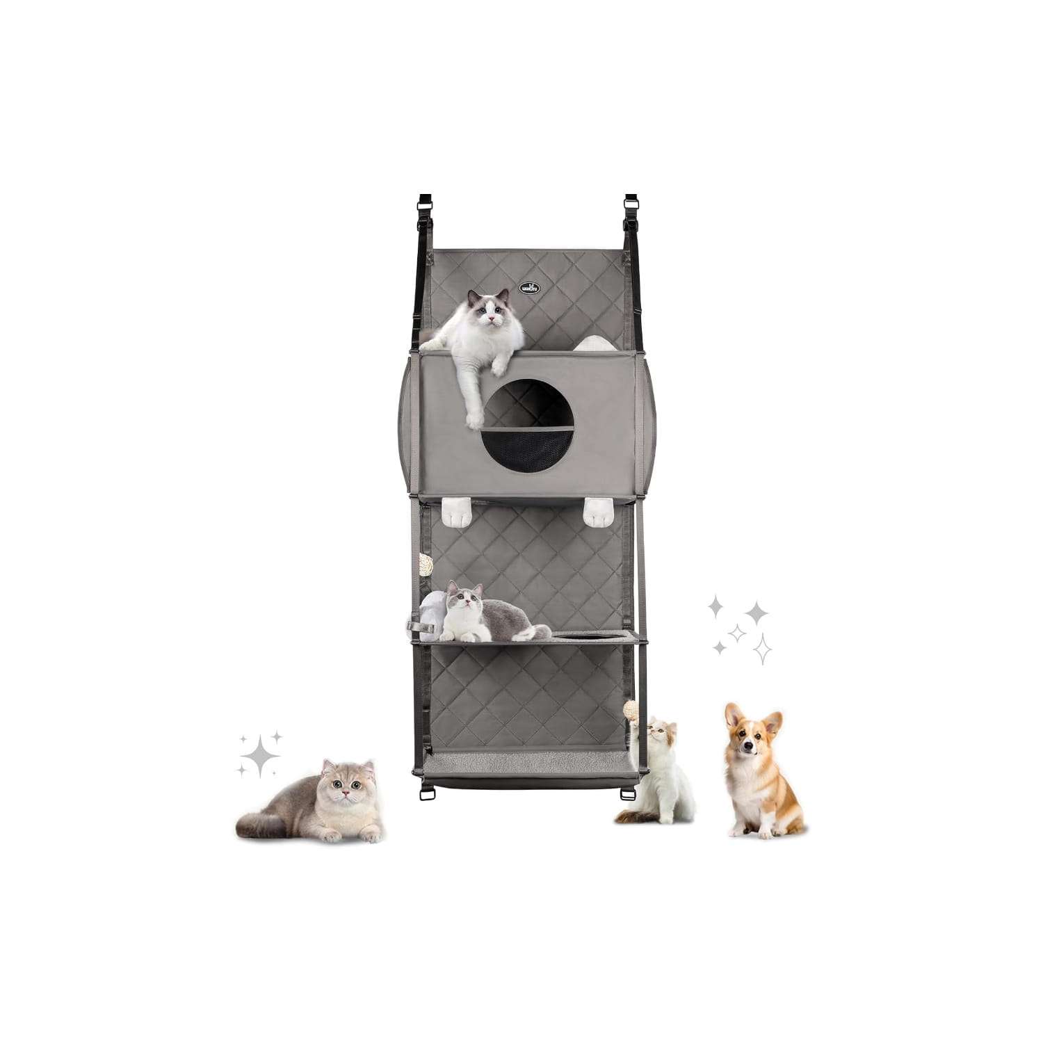 Torre rascador colgante de puerta de 132 centimetros con 4 niveles. Persianas de privacidad y soporte para varios gatos en departamentos.