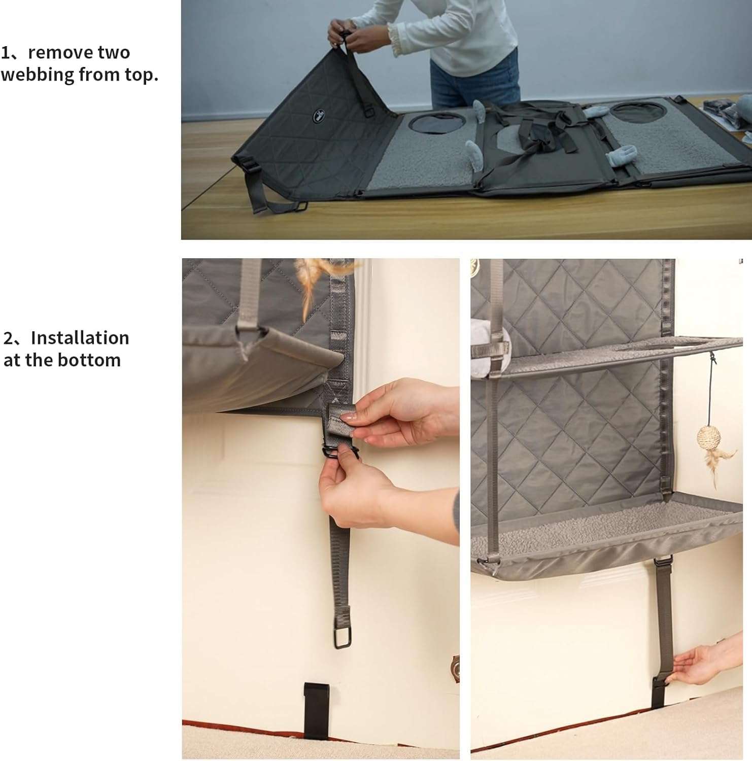 Torre rascador colgante de puerta de 132 centimetros con 4 niveles. Persianas de privacidad y soporte para varios gatos en departamentos.