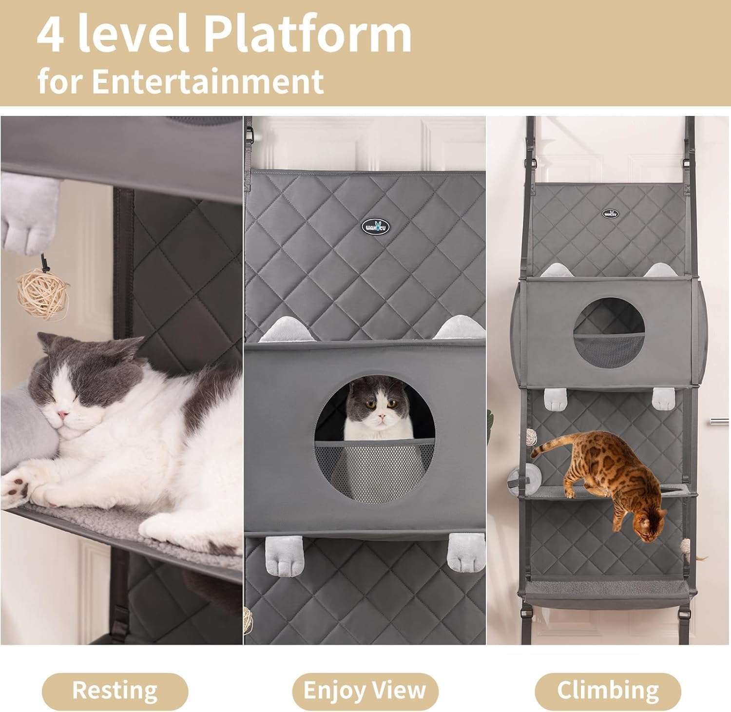 Torre rascador colgante de puerta de 132 centimetros con 4 niveles. Persianas de privacidad y soporte para varios gatos en departamentos.