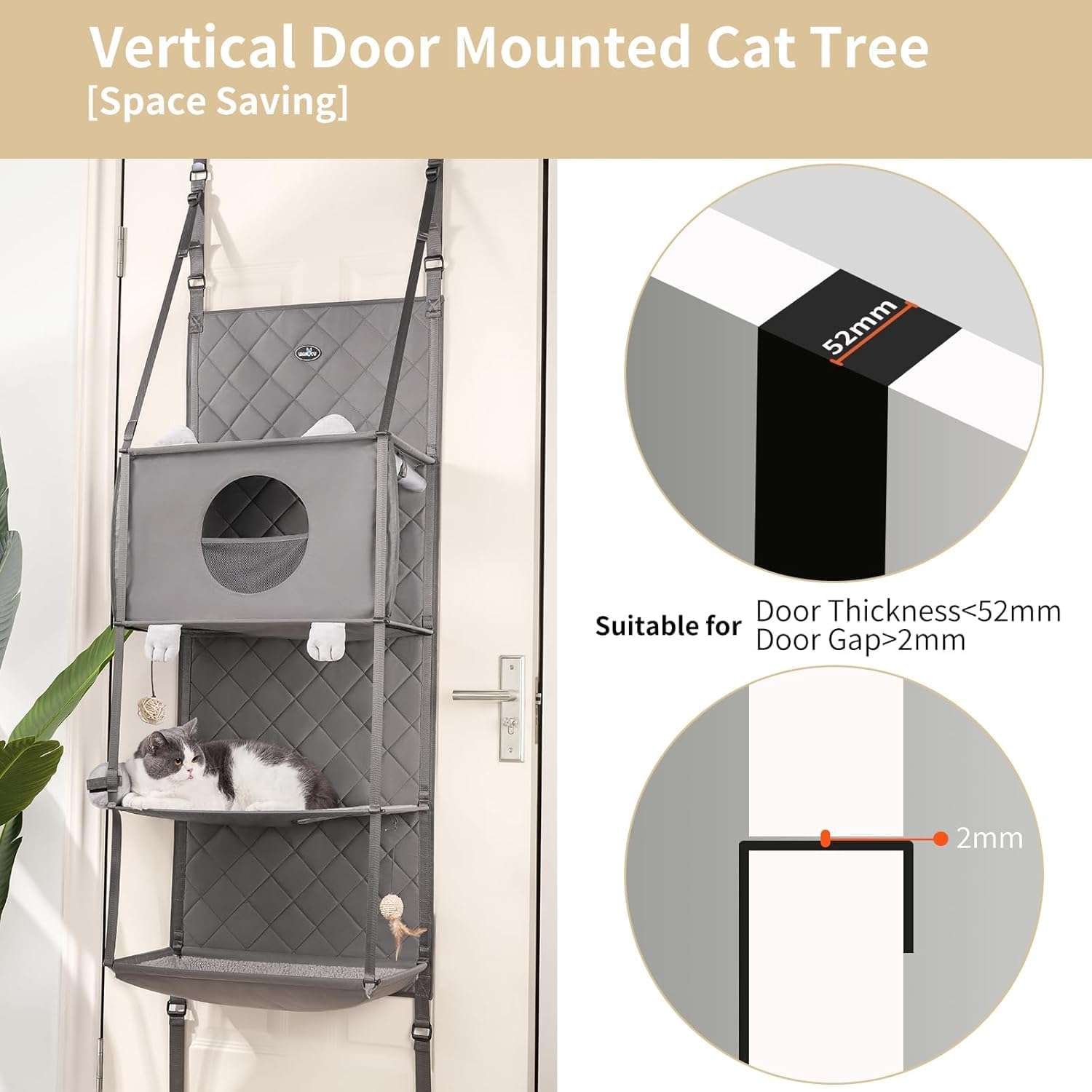 Torre rascador colgante de puerta de 132 centimetros con 4 niveles. Persianas de privacidad y soporte para varios gatos en departamentos.
