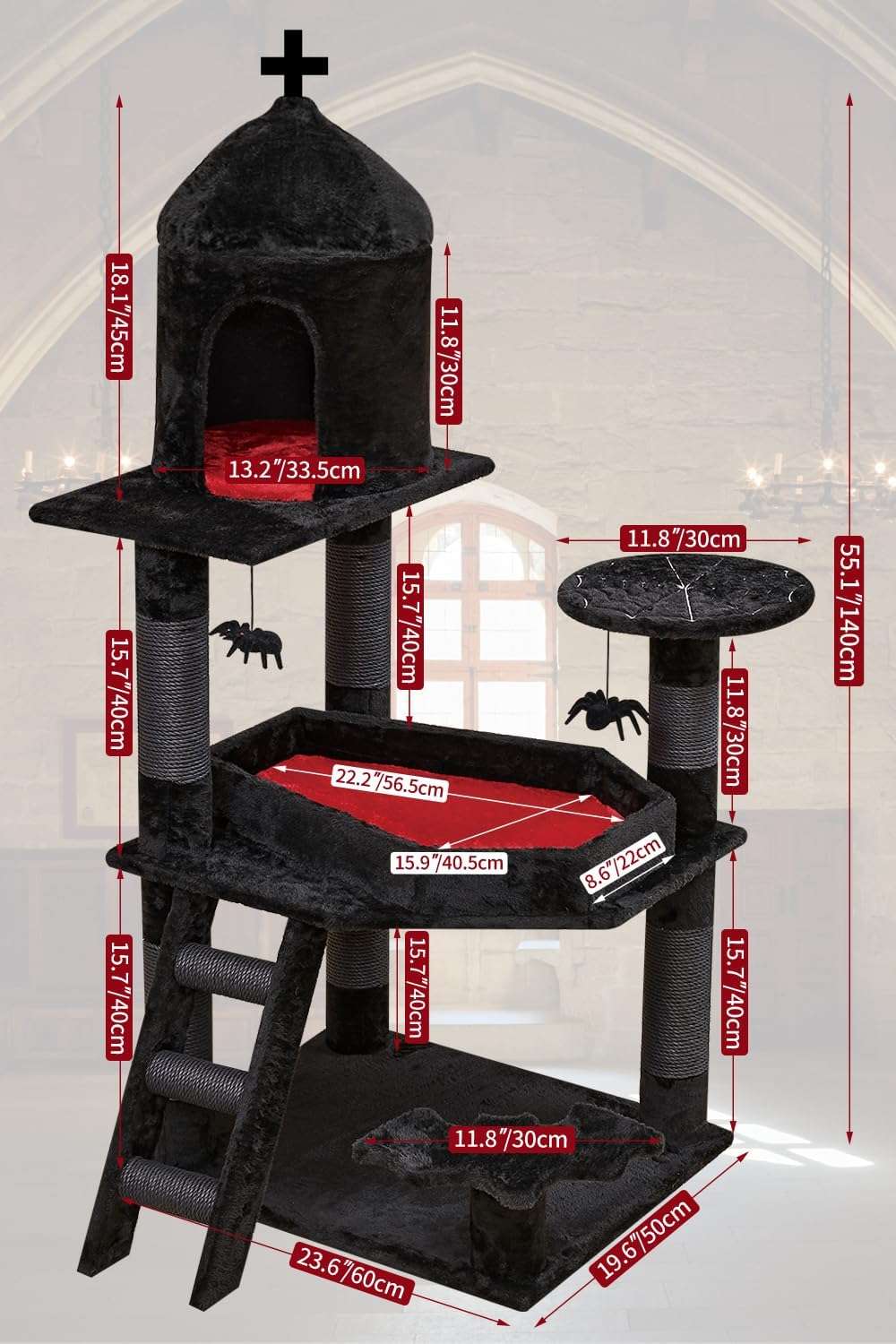 Torre rascador gótico de 140 cm con cama ataúd, base 60 por 50 cm. Postes de nueve centímetros y alta estabilidad para dos a tres gatos.