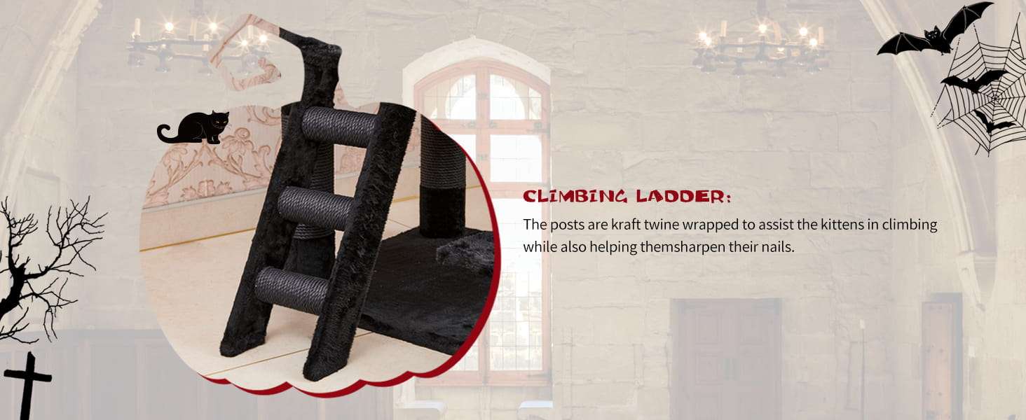 Torre rascador gótico de 140 cm con cama ataúd, base 60 por 50 cm. Postes de nueve centímetros y alta estabilidad para dos a tres gatos.