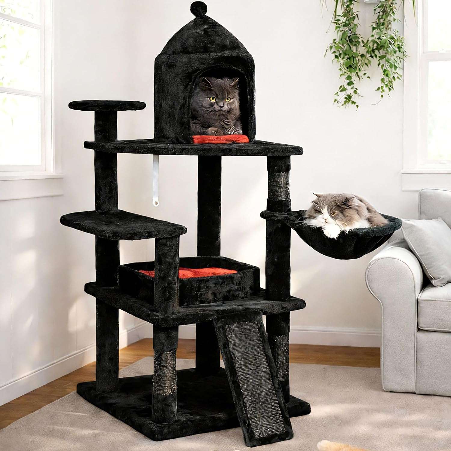 Torre rascador gótico (130 cm) con cama ataúd, estructura triangular y base 50x50 cm. Capacidad para 6 gatos y felpa roja y negra.