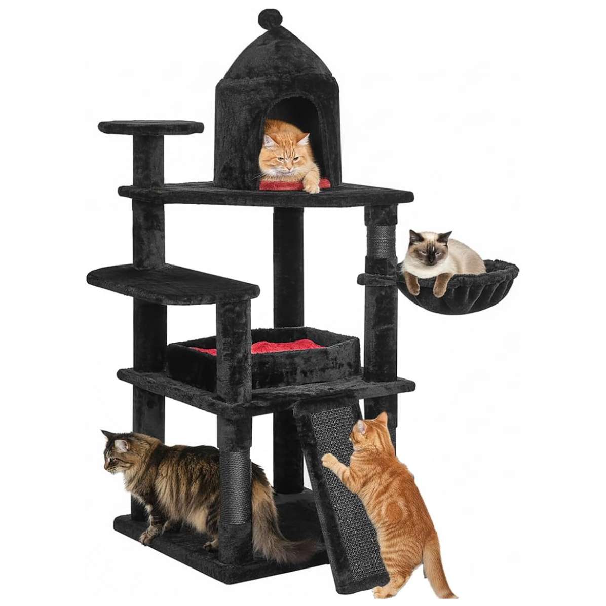 Torre rascador gótico (130 cm) con cama ataúd, estructura triangular y base 50x50 cm. Capacidad para 6 gatos y felpa roja y negra.