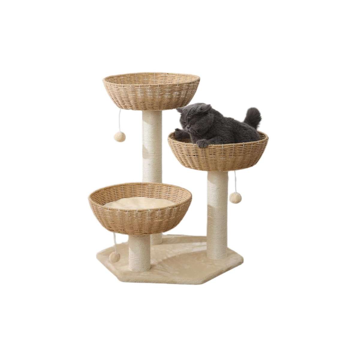 Torre rascador con cesta tejida (setenta y cuatro centimetros). Base robusta de aglomerado y cama elevada para gatos grandes.