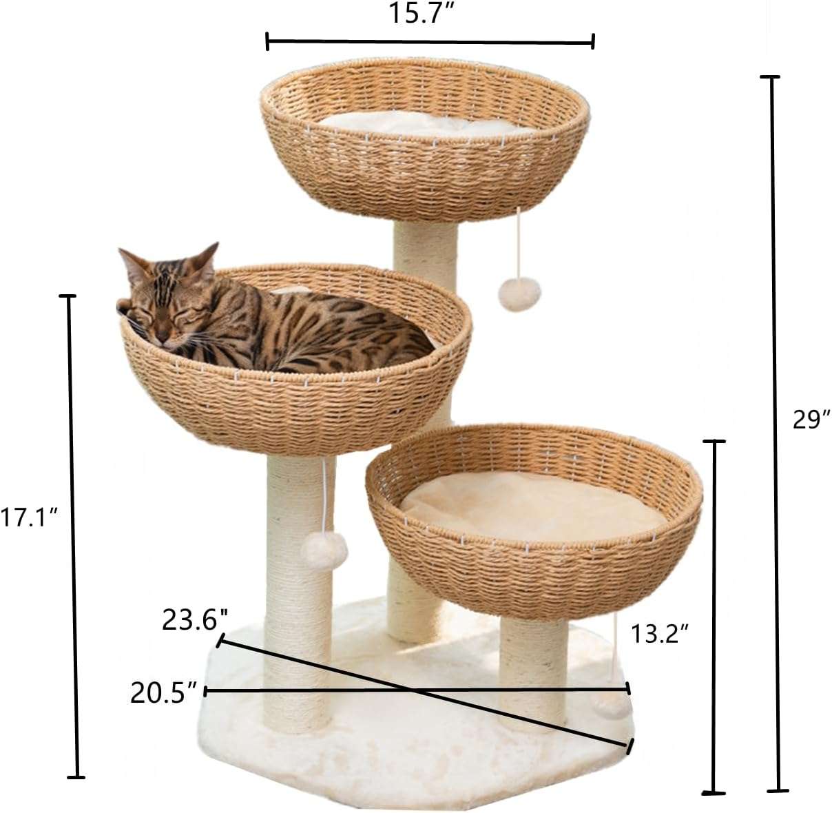 Torre rascador con cesta tejida (setenta y cuatro centimetros). Base robusta de aglomerado y cama elevada para gatos grandes.