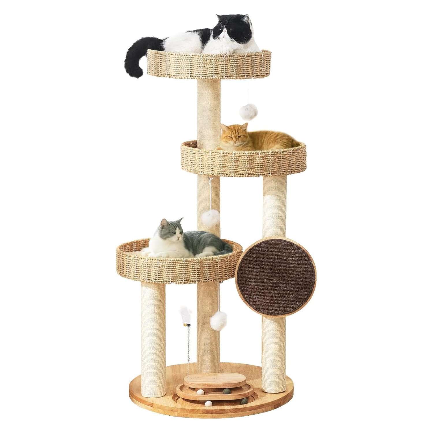 Torre rascador de lujo en madera de roble (122 cm) con camas tejidas a mano y sisal natural. Estructura estable para gatos grandes de hasta 9 kg (20 libras).