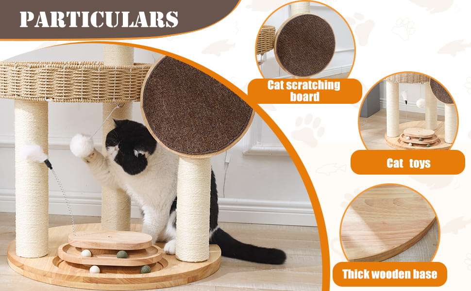 Torre rascador de lujo en madera de roble (122 cm) con camas tejidas a mano y sisal natural. Estructura estable para gatos grandes de hasta 9 kg (20 libras).