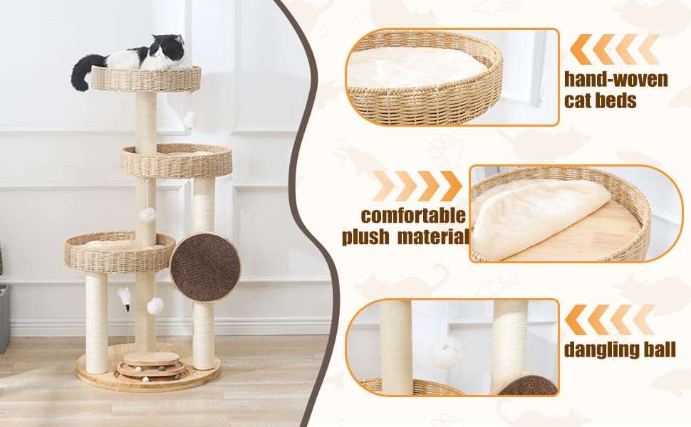 Torre rascador de lujo en madera de roble (122 cm) con camas tejidas a mano y sisal natural. Estructura estable para gatos grandes de hasta 9 kg (20 libras).
