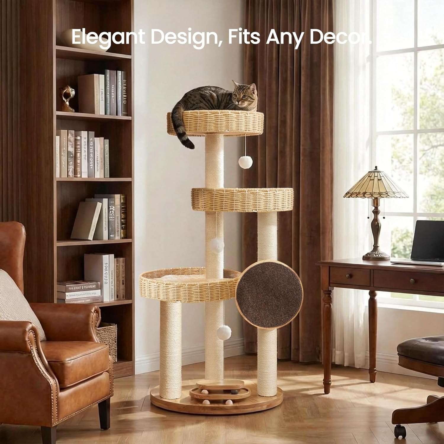 Torre rascador de lujo en madera de roble (122 cm) con camas tejidas a mano y sisal natural. Estructura estable para gatos grandes de hasta 9 kg (20 libras).