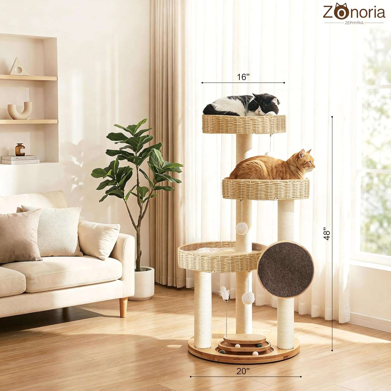 Torre rascador de lujo en madera de roble (122 cm) con camas tejidas a mano y sisal natural. Estructura estable para gatos grandes de hasta 9 kg (20 libras).