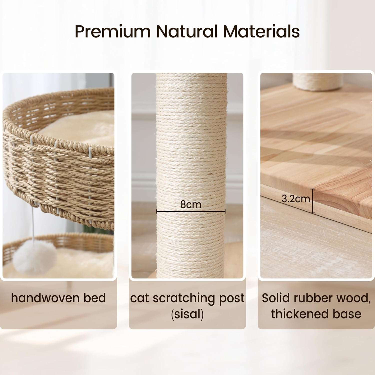 Torre rascador de lujo en madera de roble (122 cm) con camas tejidas a mano y sisal natural. Estructura estable para gatos grandes de hasta 9 kg (20 libras).