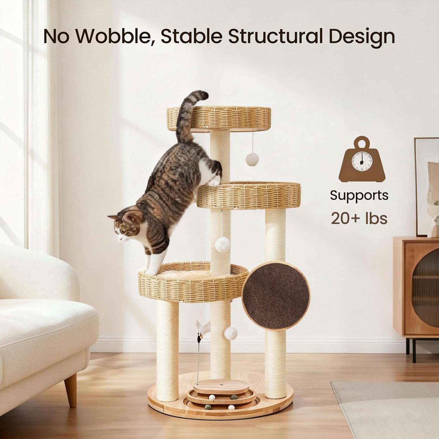 Torre rascador de lujo en madera de roble (122 cm) con camas tejidas a mano y sisal natural. Estructura estable para gatos grandes de hasta 9 kg (20 libras).