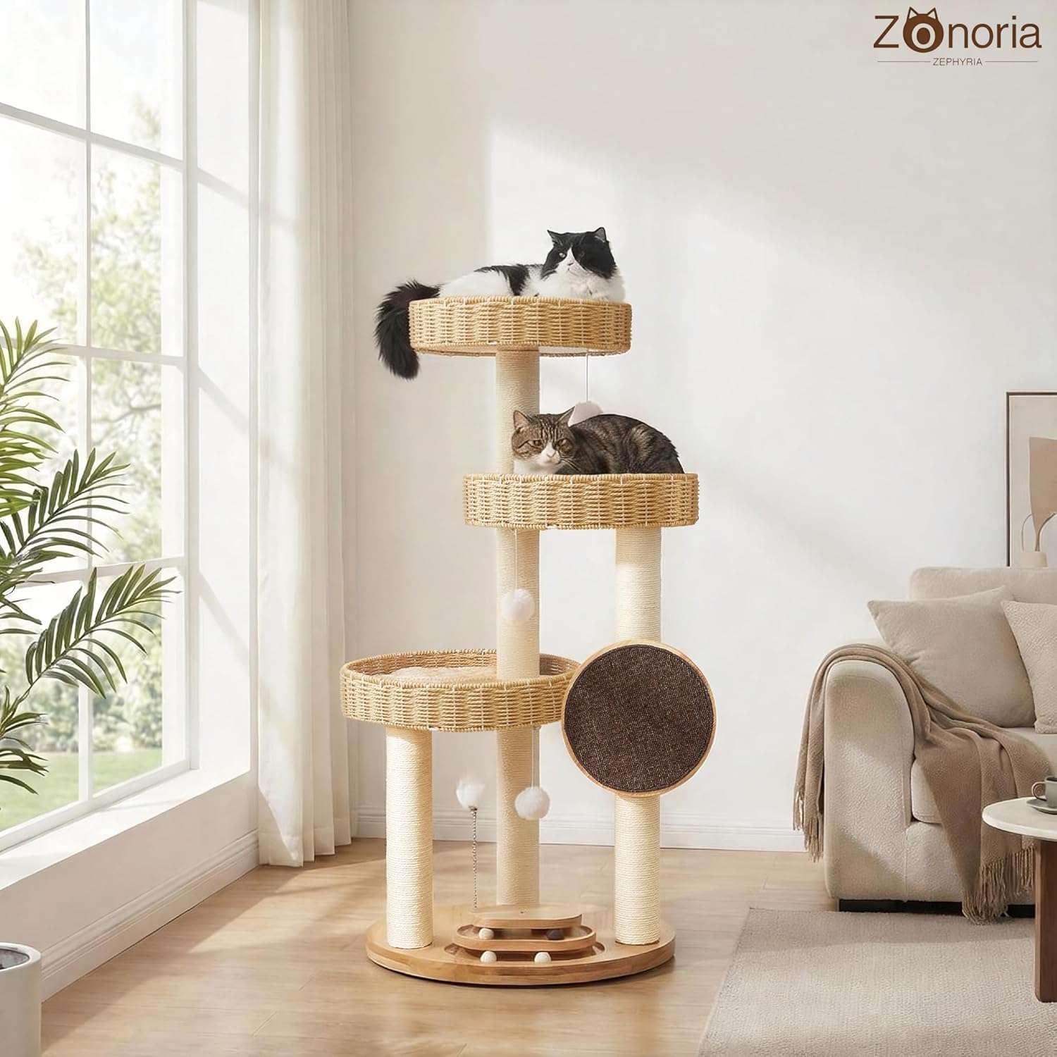 Torre rascador de lujo en madera de roble (122 cm) con camas tejidas a mano y sisal natural. Estructura estable para gatos grandes de hasta 9 kg (20 libras).