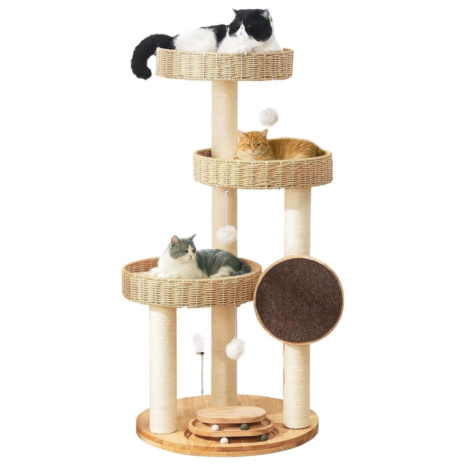 Torre rascador de lujo en madera de roble (122 cm) con camas tejidas a mano y sisal natural. Estructura estable para gatos grandes de hasta 9 kg (20 libras).