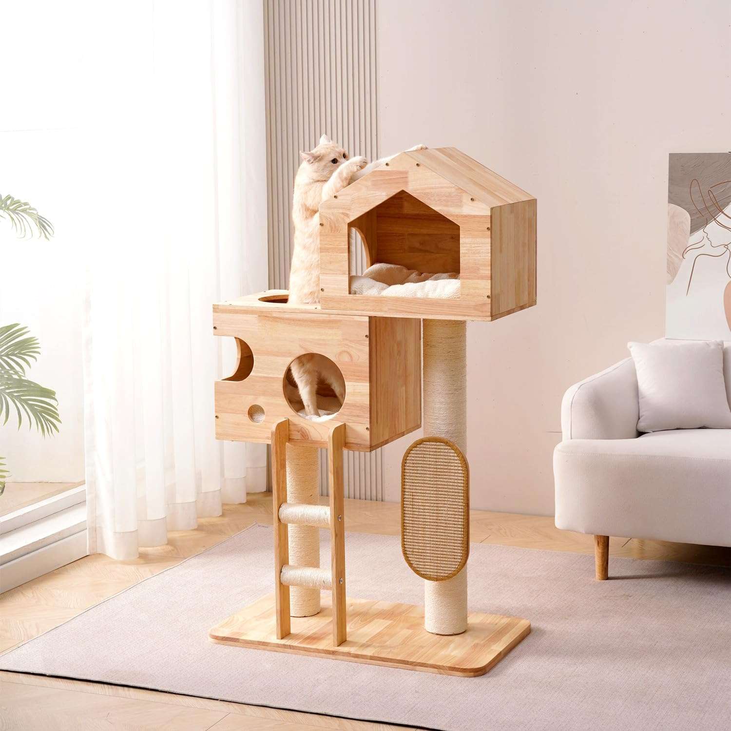 Torre rascador moderno de madera maciza (caucho) de 119 cm con condominio espacioso y postes de sisal. Diseño elegante para gatos múltiples y decoración contemporánea.