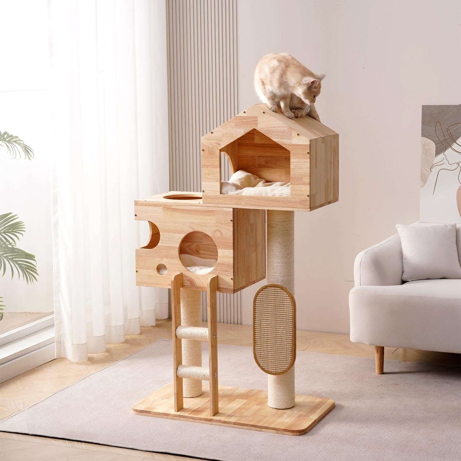 Torre rascador moderno de madera maciza (caucho) de 119 cm con condominio espacioso y postes de sisal. Diseño elegante para gatos múltiples y decoración contemporánea.