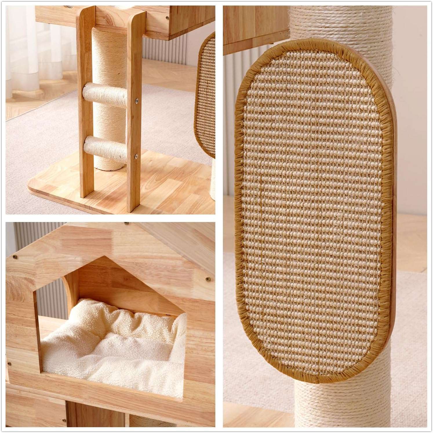 Torre rascador moderno de madera maciza (caucho) de 119 cm con condominio espacioso y postes de sisal. Diseño elegante para gatos múltiples y decoración contemporánea.